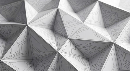Abstract grayscale image of geometric shapes, resembling folded paper or circuit board design, creating a modern and technical visual texture, ideal for tech or design backgrounds