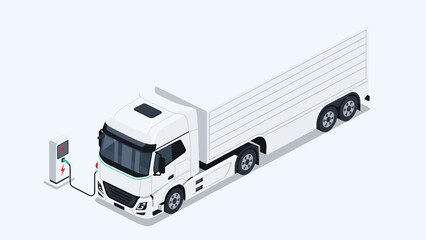 Isometric illustration of a modern white electric semi-truck with a large trailer charging at an electric vehicle station, highlighting sustainable transportation