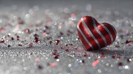 Red heart with stripes on sparkly surface with glitter during a celebration or special occasion