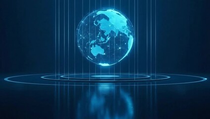 Glowing blue digital earth rotating on futuristic platforms with neon lights and lines - Powered by Adobe