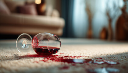 Glass of Red Wine Fallen on Carpet, Wine Spill on Carpet, Red Wine Stain, Liquid Spill on Fabric, Carpet Stained with Wine