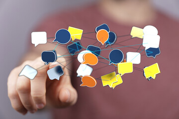 Digital network of communication bubbles, representing online interaction and social connection....