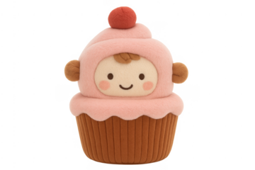 Cute pink cupcake character plush toy with smiling face