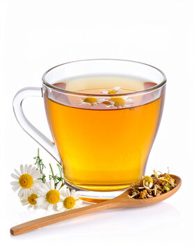 Chamomile herbal tea in a glass cup with dried chamomile flowers and wooden spoon. Matricaria chamomilla tea herbal medicine. Natural wellness drink used for relaxation, digestion, healthy lifestyle.