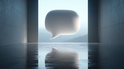 Modern speech bubble design in an open space with mountains in the background