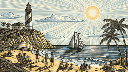 Vintage illustration of a beach scene with lighthouse and sailing ship © colorshapppy