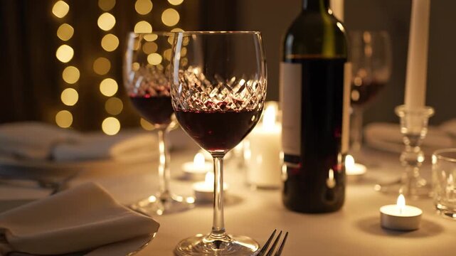 Romantic dinner scene, featuring glasses of red wine, candles, and a bottle