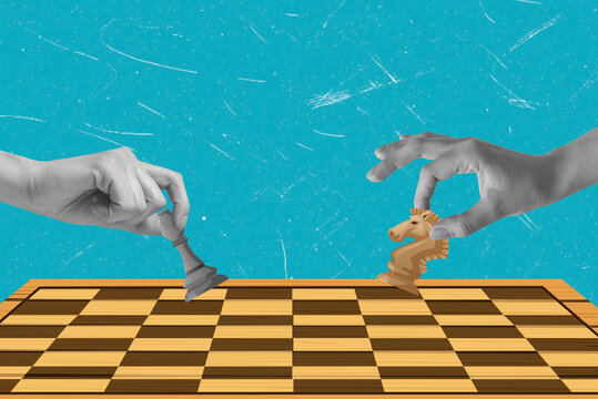 Art collage of two hands moving chess pieces on a board with a blue background in a strategic game