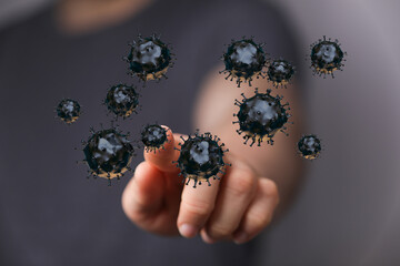 3D render of human hand touching and interacting with digital floating coronavirus cells representing the spre