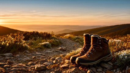 Sunset view of hiking boots placed on a rocky path in the mountains during evening hours