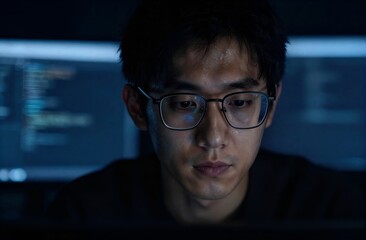 Focused software engineer programming late in dark room