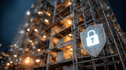 Construction site security concept with glowing padlock shield overlay on rebar structure