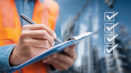 Construction worker in safety vest checking clipboard with checklist and checkmarks