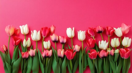 Fototapeta premium Vibrant tulips on a rich pink backdrop, creating a cheerful floral display