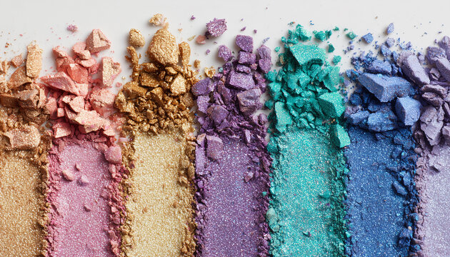 Crushed colorful eyeshadow makeup powder in rainbow gradient stripes, turquoise blue beige gold hot pink light pink purple navy lavender mauve colors