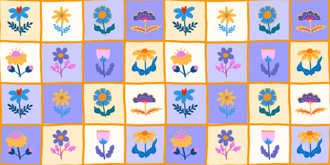 Nordic floral seamless pattern combining leaves and blossoms in a balanced layout. Works well for textiles, packaging, and contemporary surface design