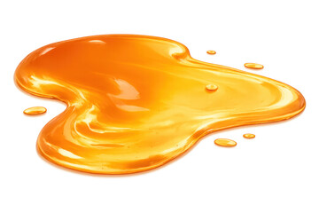 Fototapeta premium Golden honey or caramel syrup spill forming a puddle with glossy droplets isolated on a transparent background