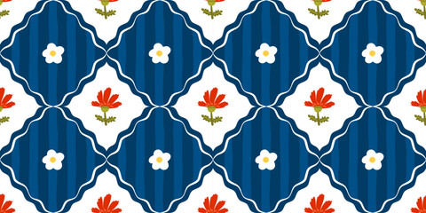 Seamless Nordic floral pattern with cute blossoms, leaves, and a clean geometric rhythm. Designed for textiles, wallpaper, and modern interior prints