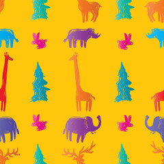Seamless pattern with silhouettes of animals and trees. Vector illustration.