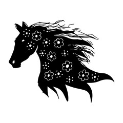 Black silhouette of a horse with flowers on its head. Vector illustration