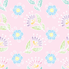 Seamless floral pattern with decorative flowers and leaves.  Pink background. Vector illustration.