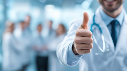 Doctor giving thumbs up with colleagues in background, representing healthcare success