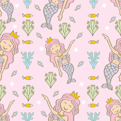 Seamless pattern with cute mermaids and seaweed. Vector illustration.