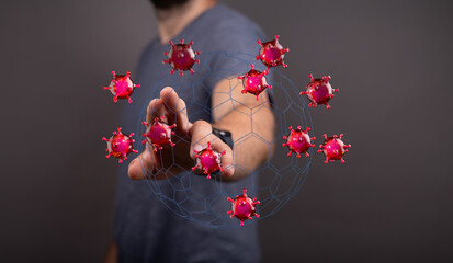 Concept of protection from coronavirus. Person blocking or defending from virus particles using an invisible s