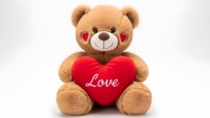 Obraz premium A brown teddy bear holding a red heart on a white background