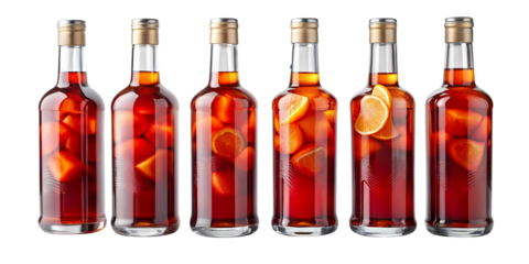 A row of six elegant glass bottles featuring delicious orange infused amber liqueur