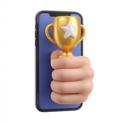 Hand holding trophy on smartphone screen isolated on white background isolated on white background