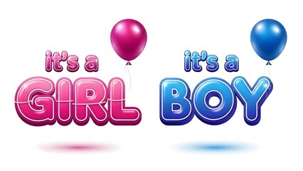 A colorful graphic with pink and blue balloons and text announcing a babys gender on isolated white background