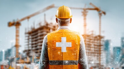 Construction worker in yellow hard hat and vest with Swiss flag emblem looks at building site