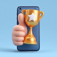 Hand holding trophy on smartphone screen isolated on white background isolated on white background