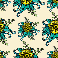 Seamless pattern with decorative sunflowers. Hand drawn vector illustration on a light yellow background