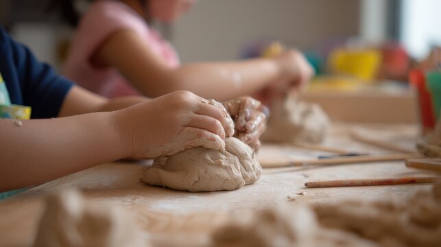 Child molding clay by hand in classroom pottery activity with tactile sensory play