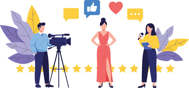 Professional flat vector illustration of a celebrity interview on red carpet with cameraman journalist social media icons and star ratings for news.