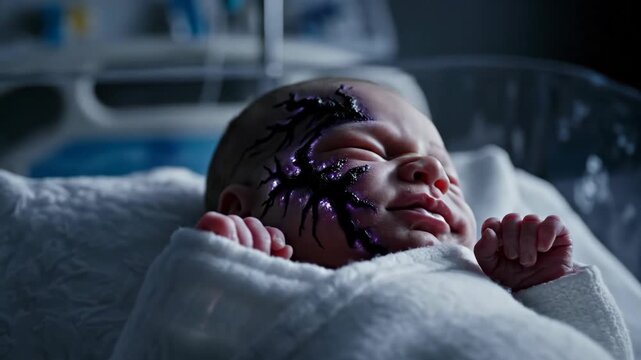 Newborn baby with a supernatural manifestation. Dark pattern spreads on face, glowing purple, then eyes open red. Horror and suspense concept