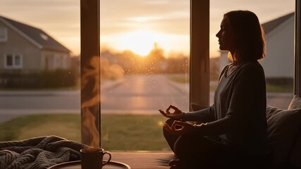 Silhouette Woman Meditating by Window During Sunset in Relaxation Mode