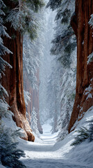 Sequoia National Park Winter Hiking Trail, Giant Sequoia Trees Travel Destination for Sightseeing and Outdoor Adventure, California State Tourism and Snow Forest Landscape
