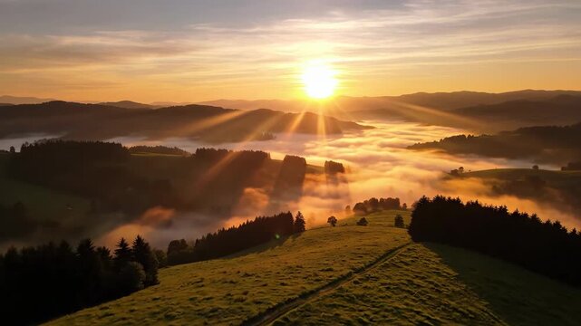 Sunrise over rolling hills with golden sunlight and morning mist