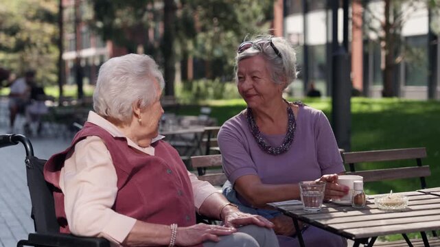 Old friends takign selfie. Senior people outdoors.