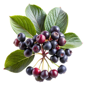 A vibrant cluster of fresh aronia berries with green leaves on a dark background