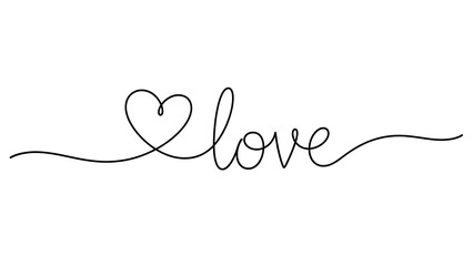 Isolated on white background black line art of a heart and the word love in cursive font