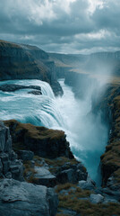 Majestic Waterfall in Iceland Mountain Range, Hiking Through Moody Nordic Landscape with Mist and Rushing Water, Adventure Travel and Nature Exploration in Icelandic Wilderness