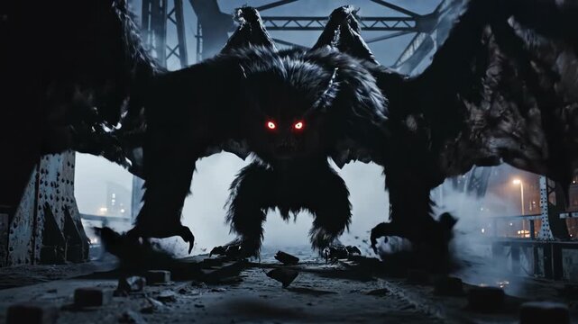 Dark winged monster with glowing red eyes on an industrial bridge at night. Ominous cryptid creature from urban legend. Horror concept