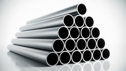 Stack of shiny stainless steel pipes arranged in a pyramid on a light background