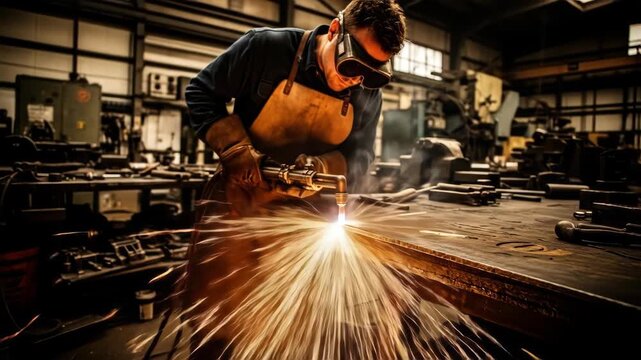 Industrial worker cutting metal with torch, bright sparks flying