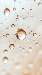 Water drops on delicate web strands, clear liquid spheres glistening, abstract natural pattern, soft focus background