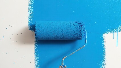 Blue paint roller applying vibrant blue paint on a white wall background for home renovation
